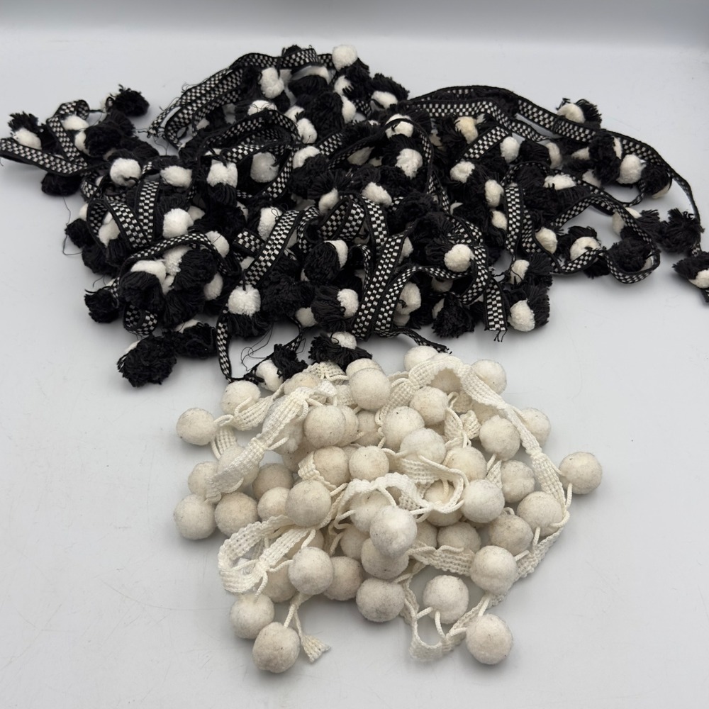 Pom Pom Trim Black White Checkered Felt Lot Vintage 5+ Yards DIY Craft
